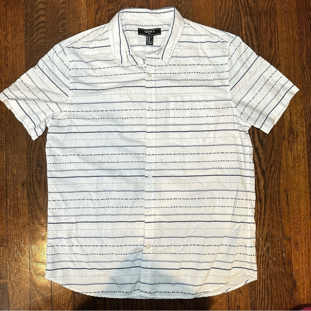 Forever 21 White and Blue Casual Button Down Shirt